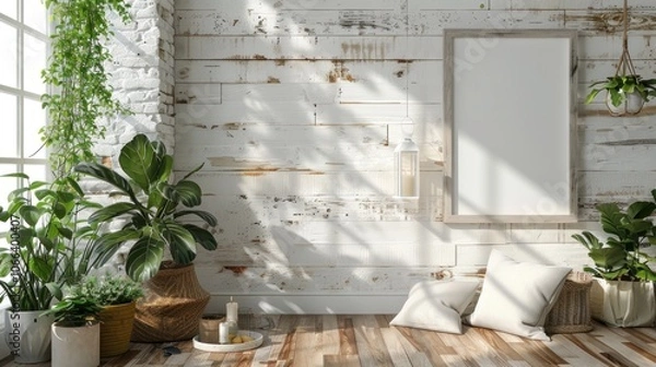 Obraz A bright room with plants, a framed picture, and light-colored pillows on a wooden floor.