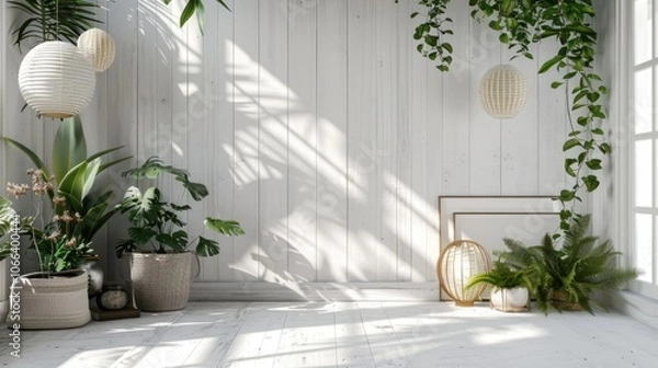 Obraz A bright, airy room with white walls, plants in pots, hanging vines, and light fixtures. Sunlight casts shadows.