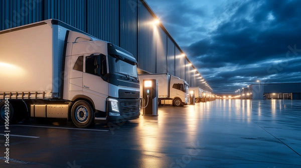 Fototapeta row of electric trucks charging at industrial facility during twilight, reflecting on wet pavement. scene captures transition to sustainable transportation