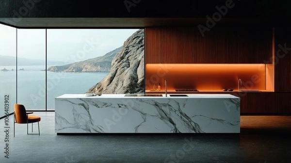 Fototapeta Modern kitchen with marble island and stunning ocean view.