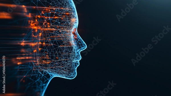 Fototapeta digital human head composed of interconnected lines and glowing nodes symbolizes artificial intelligence and technology. abstract design highlights innovation and futuristic concepts