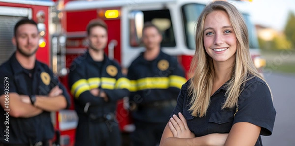 Fototapeta confident female firefighter stands in front of team of male colleagues, with fire truck in background, showcasing teamwork and diversity in fire service