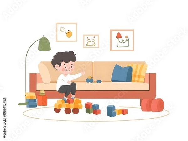 Fototapeta Flat Vector Illustration of Child Playing with Toys on Living Room Floor, Warm Cozy Atmosphere, Soft Furnishings, Happiness, Innocence, Joy of Childhood, Home Comfort Concept