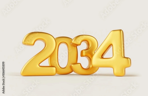 Fototapeta 2034 Happy New Year golden number design on white background 3d render. Elegant gold metal font typography for poster, banner, calendar, greeting card and Christmas celebration 2034. 3D illustration
