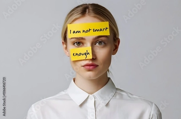 Obraz Woman with stick note on forehead and cheek - I am not smart enough - concept of Self-doubt or lack of confidence regarding self and abilities - feeling insecurity, awareness of one own limitations