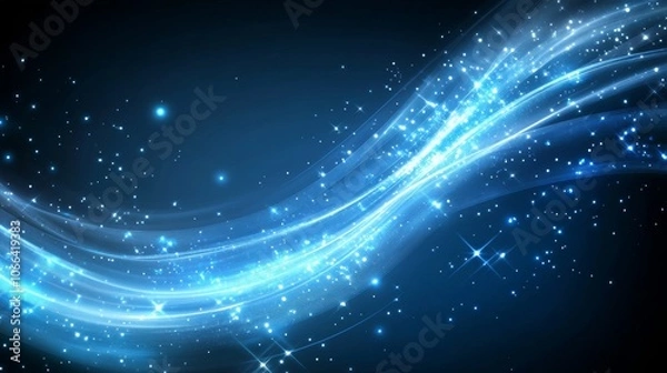 Fototapeta A vibrant blue abstract background with glowing wave and sparkling stars, ideal for digital design.