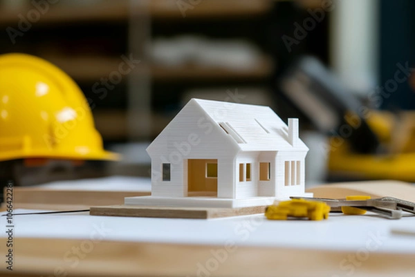Obraz Architect's desk displays a 3d printed model of a custom home, surrounded by tools and a hardhat, highlighting modern construction methods
