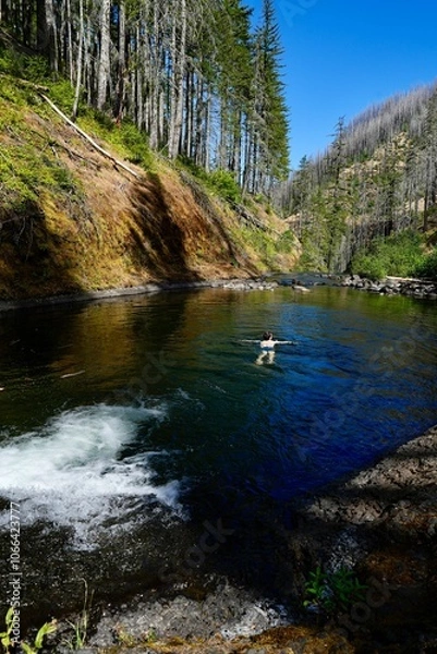 Fototapeta Hiker swimming in the eagle creek pool looking into the canyon. Pacific crest trail, oregon.