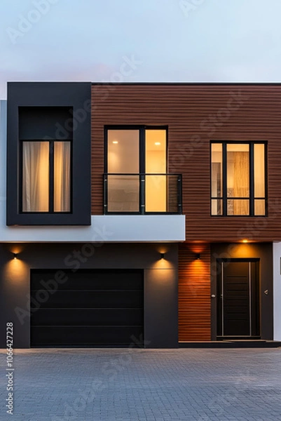 Fototapeta Modern architectural design of a stylish house with warm lighting at dusk