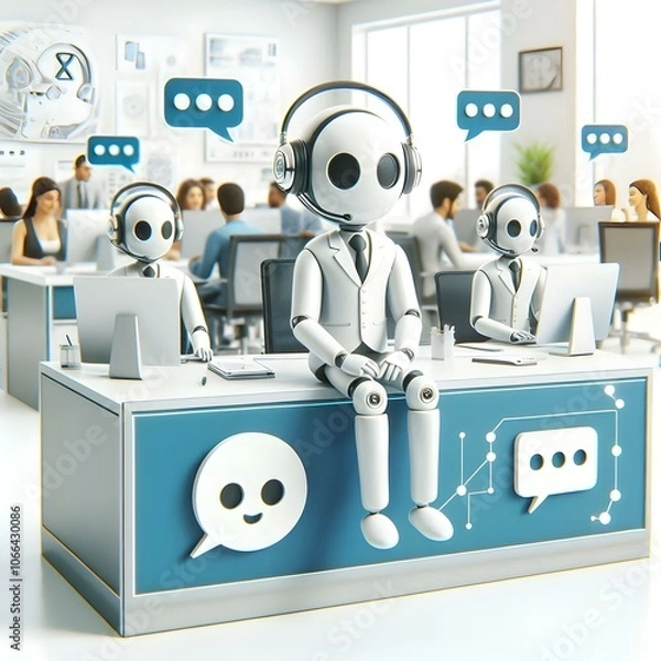 Fototapeta 3D AI Chatbot Icons Floating Above Customer Service Desk in Office Setting, Highlighting AI in Customer Support Roles with Copy Space for Marketing, Isolated on White Background, Innovative Technology
