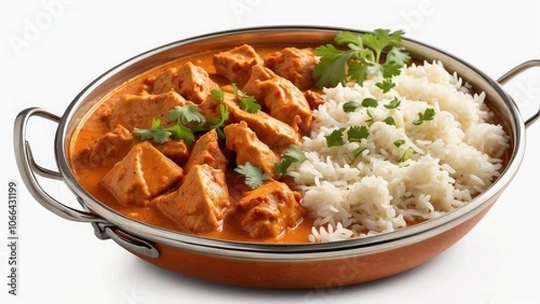 Fototapeta A transparent or white background with an isolated image of Indian butter chicken curry in a balti dish