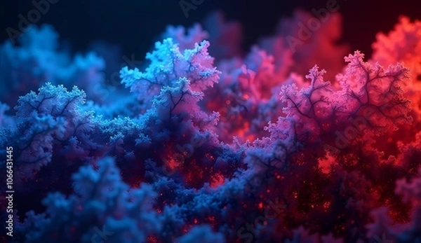 Obraz Neon fractal design with intricate light patterns in electric blue and crimson. Rough retro shades shine brightly and dynamic light trails in abstract shapes.