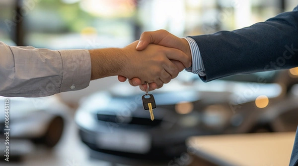 Fototapeta Close-up of car dealership business giving keys to new owner and handshake in office