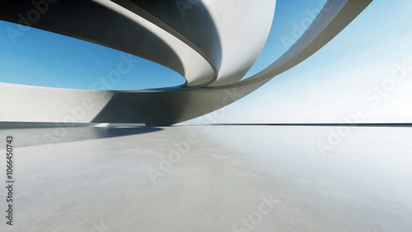 Fototapeta 3d render of white futuristic architecture, abstract wavy structure with empty concrete floor