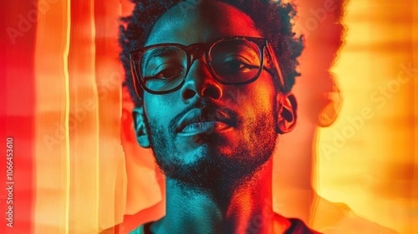 Fototapeta A bold studio portrait of a man with a colorful background and artistic expression.
