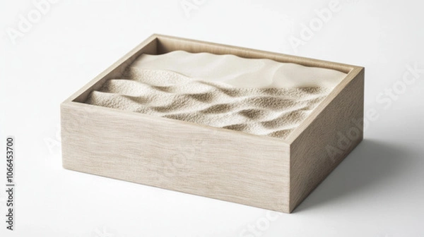 Fototapeta wooden box with textured lid, revealing glimpse of sand inside. box has calming and serene presence