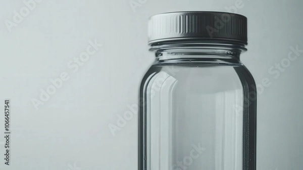 Fototapeta Close-up of a modern, clean water bottle with a safety cap, half-filled with clear water, placed on a white background with ample copy space, symbolizing hydration and drinking safety