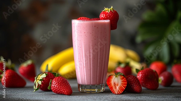 Fototapeta Two glasses of strawberry banana smoothies with fresh strawberries and banana slices.
