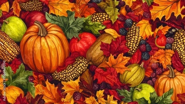 Fototapeta A colorful textile pattern inspired by Thanksgiving themes, suitable for fabric designs
