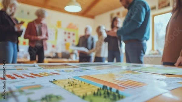 Fototapeta A community meeting scene where residents discuss the impact of a nearby power plant, with visual aids and charts displayed, emphasizing the importance of public engagement in energy decisions.