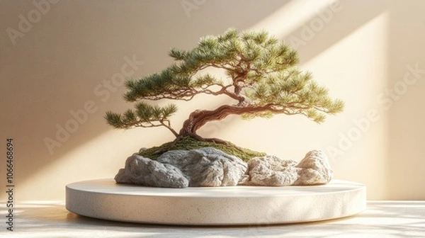 Fototapeta A bonsai tree with twisted branches and green leaves sits on a round stone platform with sunlight hitting the background.