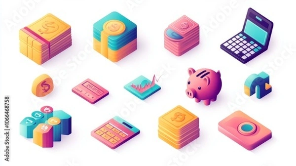 Fototapeta Isometric Business and Finance Icons Set with Piggy Bank, Calculator, and Graphs