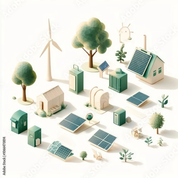 Fototapeta Isometric Eco-Friendly Elements with Solar Panels, Trees, and Sustainable Resources on White Background