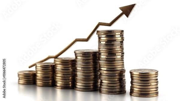 Fototapeta Stacks of coins growing in height with an arrow graph