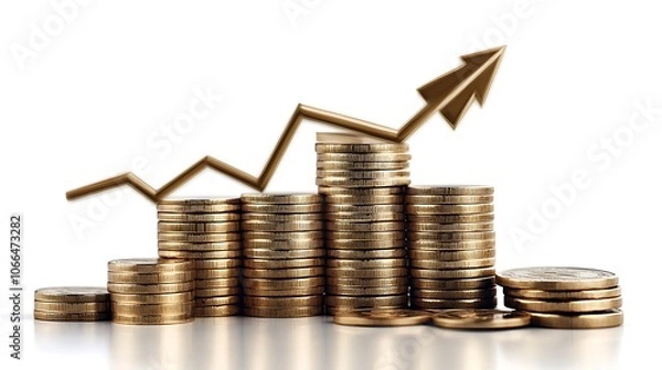 Fototapeta Stacks of coins growing in height with an arrow graph