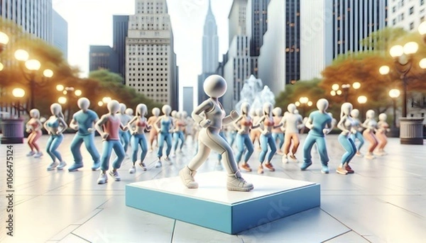 Fototapeta 3D Outdoor Zumba Class in Plaza Concept with Soft Bokeh Background, Energetic Dance Movements, Inclusive Social Fitness, Community Engagement - Dynamic Scene for Active Lifestyle Promotion