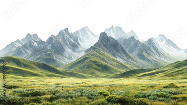 Fototapeta breathtaking view of majestic mountains surrounded by lush green meadows, showcasing beauty of nature and tranquility of landscape