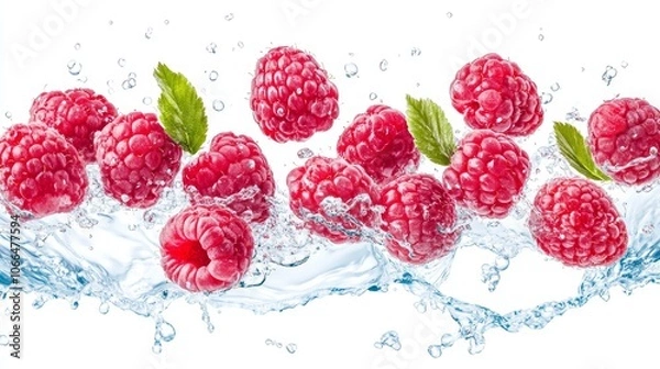 Fototapeta A bunch of raspberries floating in a stream of water