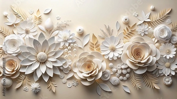 Obraz Abstract White Paper Flowers 3D Render for Horizontal Floral Background, Ideal for Greeting Card Templates and Decorative Elements in Architectural Photography