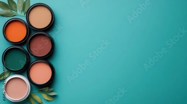 Fototapeta Colorful paint cans with leaves on turquoise background for creative design inspiration