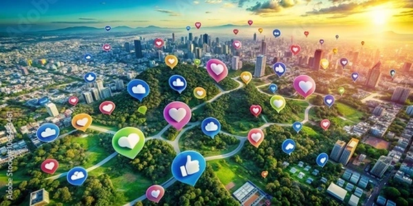 Fototapeta Aerial Photography of Social Media Follow Us Icon Set with Thumbs Up Vector Illustrations for Engagement and Connectivity in Digital Marketing