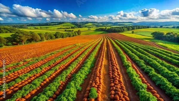 Fototapeta Aerial View of Sweet Potato Fields Showcasing Vibrant Orange Foliage and Rich Soil, Ideal for Agriculture, Organic Farming, Nutrition, and Culinary Uses
