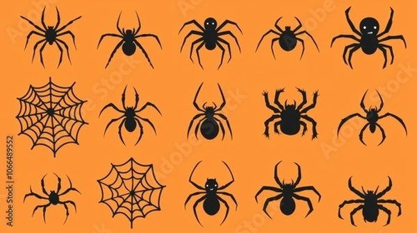 Obraz Black Spider Silhouettes on Orange Background