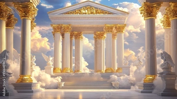 Fototapeta Grand Stage of Greek Mythology Marble Columns and Deities amidst Clouds and Golden Thrones in Olympus