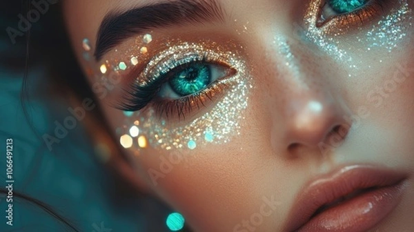 Fototapeta Stunning woman with captivating eye makeup, emphasizing dramatic crystal eye effects, captures attention with her unique style and elegance. Ideal for beauty and fashion projects.