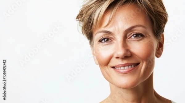 Fototapeta Portrait of a joyful mature woman with a warm smile directed at the camera, set against a clean white background, providing a fresh look and ample space for copy.