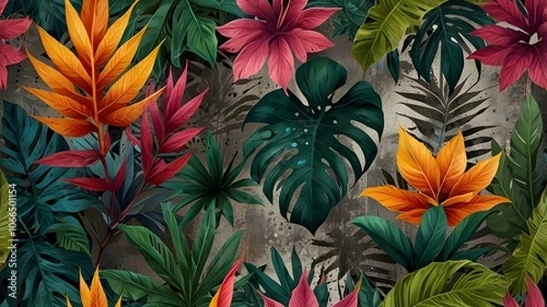 Fototapeta A realistic image of vibrant, drawn exotic tropical leaves intricately detailed on a weathered concrete grunge wall.