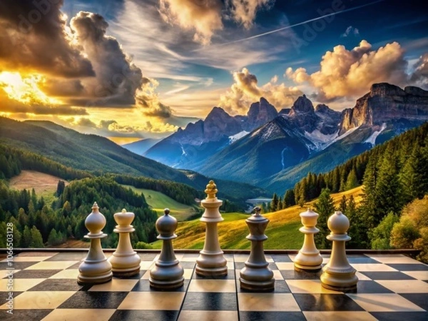 Fototapeta Captivating Chess Icon Landscape: Strategic Game in Nature's Embrace with Scenic Mountains and Clear Skies