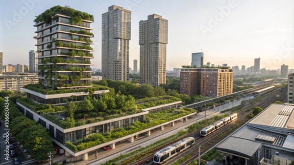 Obraz Green Cityscape Sustainable Urban Living with Lush Greenery and Modern Architecture