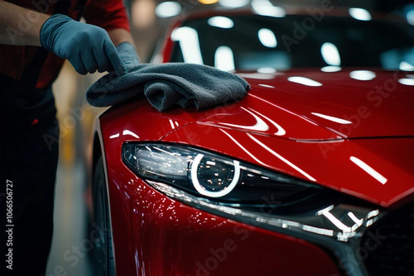 Fototapeta Man is polishing a red car. The car is shiny and clean. The man is wearing gloves and he is focused on his task
