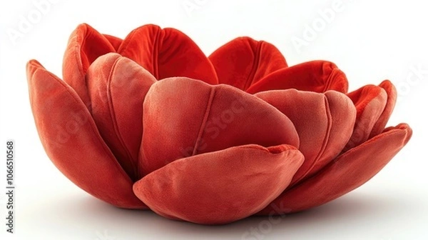 Fototapeta Red plush flower-shaped cushion on a white background.