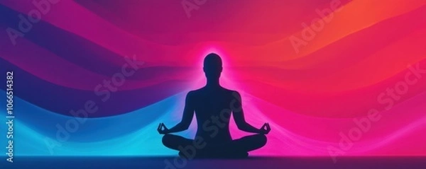Fototapeta Meditation and mindfulness concept. A silhouette meditates against a vibrant colorful backdrop of pink and blue conveying tranquility and inner peace
