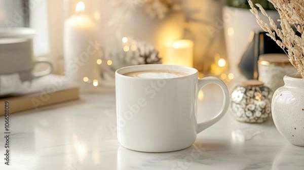 Fototapeta White ceramic coffee mug on a stylish counter surrounded by bright decor, perfect for creating a warm atmosphere. Ideal for a cozy coffee moment, with ample copy space for text.
