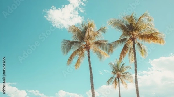 Fototapeta Palm trees set against a bright summer sky create a serene atmosphere on a tropical white sand beach. This palm tree scene embodies relaxation, perfect for nature wallpaper or poster templates.