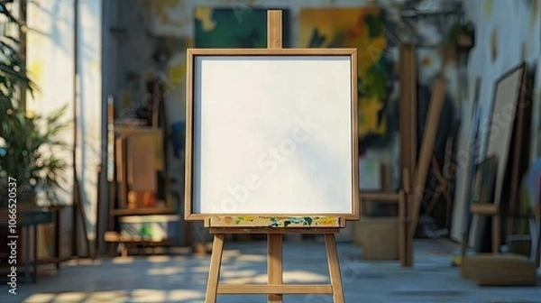 Fototapeta Light wood frame with a blank canvas in an elite art studio, surrounded by a blurred painting background that enhances the canvass appeal and creativity. Perfect for art display.