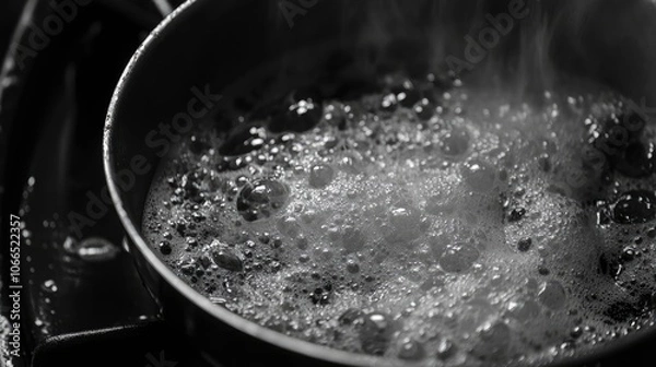 Obraz Boiling soapy water in a saucepan on the stove creates a dynamic scene. This image captures the essence of cooking with soapy water, highlighting its textures and bubbles. Copy space available.